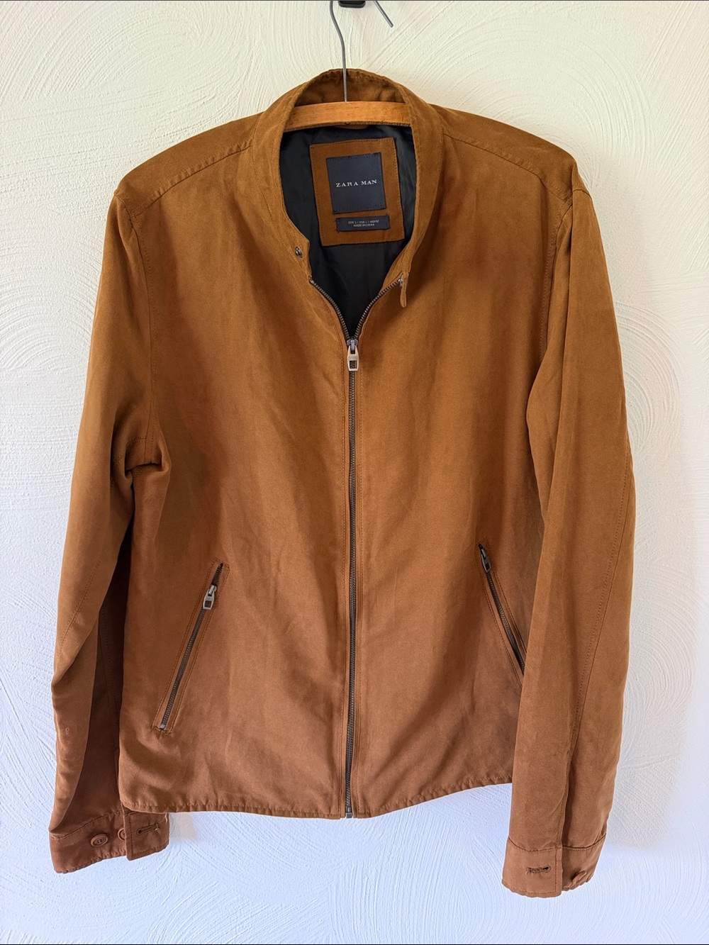 Zara Men's Faux Suede Bomber Jacket in Cognac Brown. Size Large.